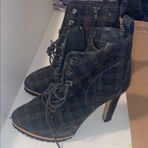Gianni Bini Tosti Plaid Fabric Platform Lace up Gray Boot Booties